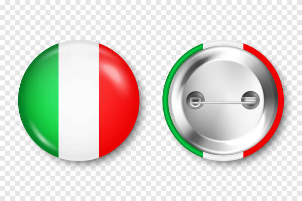 istock Realistic button badge with printed Italian flag. Souvenir from Italy. Glossy pin badge with shiny metal clasp. Product mockup for advertising and promotion. Vector illustration 1442992193