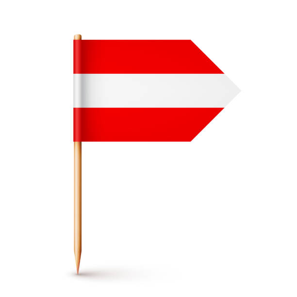 istock Realistic Austrian toothpick flag. Souvenir from Austria. Wooden toothpick with paper flag. Location mark, map pointer. Blank mockup for advertising and promotions. Vector illustration 1442992281
