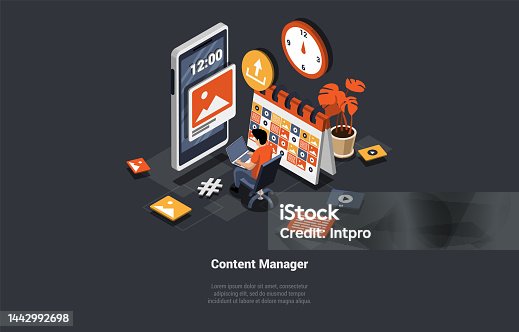 istock Social Media Marketing, Layout Content And Online Promotion. Man Content Manager Create Successful Content, Makes a Harmonious Combination on Screen of Smartphone. Isometric 3D Vector Illustration 1442992698