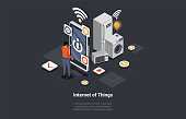 istock Concept Of Smart Home Technologies, Internet Of Things and Machine Interface. Man Male Character Controls the Operation of Household Appliances Using a Smartphone. Isometric 3d Vector Illustration 1442992704