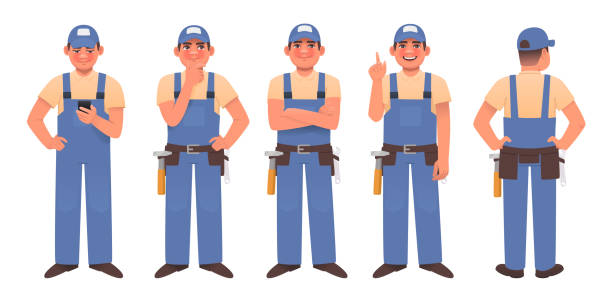 Handyman character set. Happy man in work overalls in different poses and actions. Repairman or locksmith. Vector illustration Handyman character set. Happy man in work overalls in different poses and actions. Repairman or locksmith. Vector illustration in cartoon style handyman stock illustrations