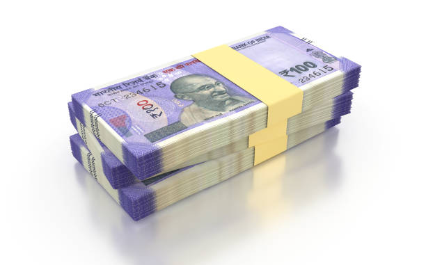 istock Indian Rupee 100 Currency Note Bundles isolated on White Background - 3D Illustration 1442994211