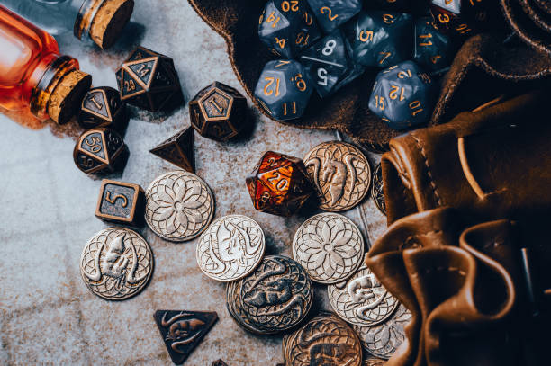 Overhead view of table top role-playing gaming equipment.