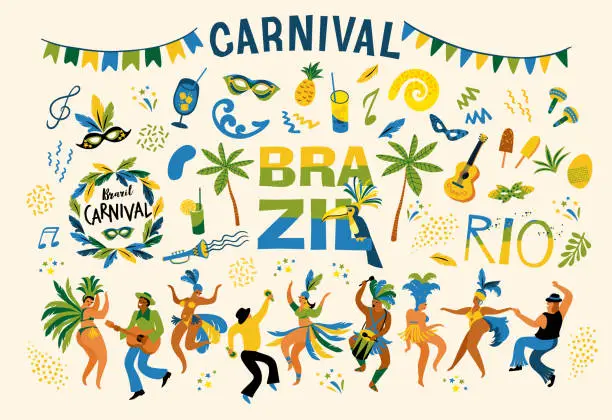 Vector illustration of Brazil carnival. Big vector clipart. Isolated illustrations for carnival concept and other