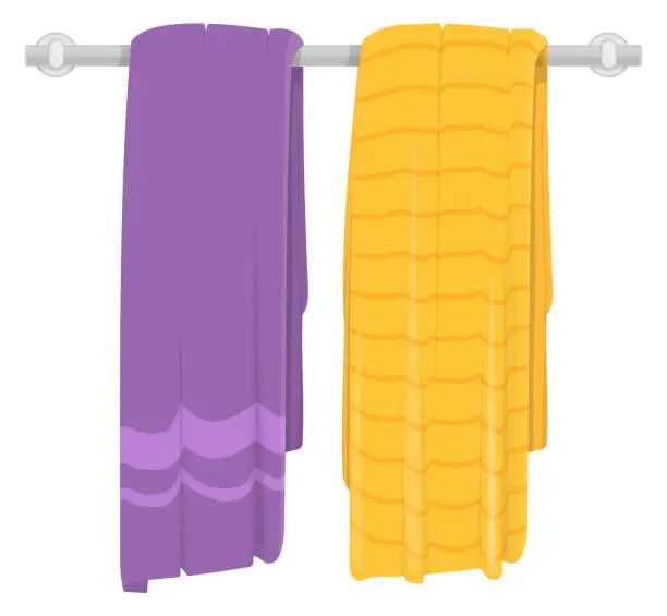 Vector illustration of Rack with towel. Bathroom furniture. Cartoon colorful cloth