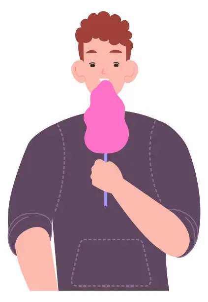 Vector illustration of Boy eating cotton candy. Man with sweet dessert
