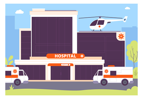Hospital exterior with ambulance cars. City medical center landscape. Vector illustration