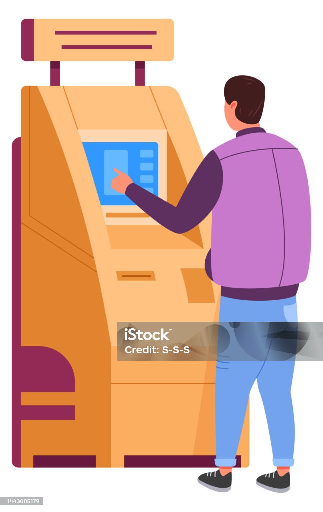 Atm Machine Rear View Man Using Atm Rear View Banking Card Machine Isolated On White Stock ...