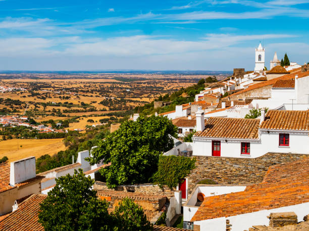 Picturesque view of Monsaraz, walled medieval village in Portuguese Alentejo region near the border with Spain stock photo
