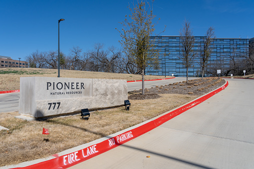 Irving, TX, USA - March 20, 2022: Pioneer Natural Resources headquarters in Irving, Texas, USA. Pioneer is an American company engaged in hydrocarbon exploration.