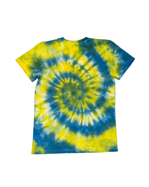istock A T-shirt with a spiral yellow-blue pattern isolated on a white background. 1443007338