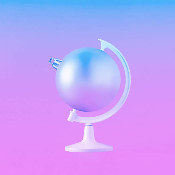 globe stand with christmas ornament ball on isolated iridescent pink-purple-blue background. neon lights. minimal abstract creative 3d illustration. new year's eve concept. vaporwave creative card. - vibrant color new traditional culture saturated color imagens e fotografias de stock