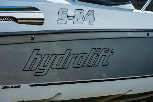 Lindesnes, Norway - August 08 2022: Details of a Hydrolift S-24 speed boat.