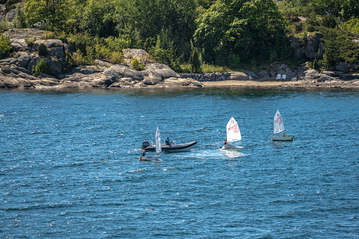 Sandefjord, Norway - August 10 2022: Sailing school on a fjord at summer.