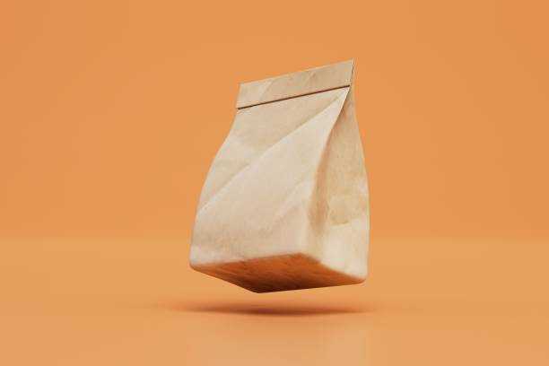 takeaway food. fast food packaging concept. paper packing bag on an orange background. 3d render - paper bag bag packed lunch paper imagens e fotografias de stock