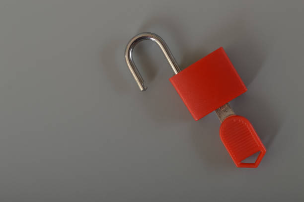 istock Red padlock and key isolated on a grey background. Copy space for the text. 1443018523