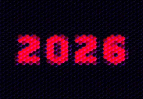 Sign of the 2026 year with hex pixel grid. New Years number or digits for holiday eve celebration card or calendar