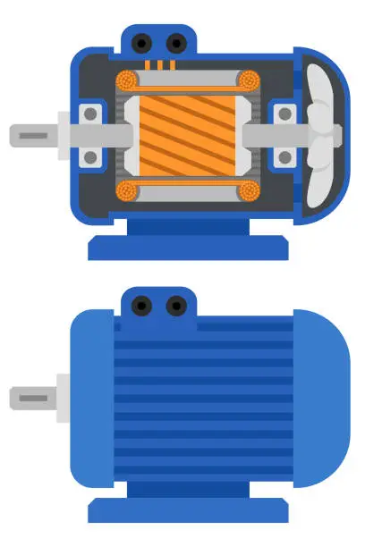 Vector illustration of Electric motor in a cut and a whole close-up on a white background.