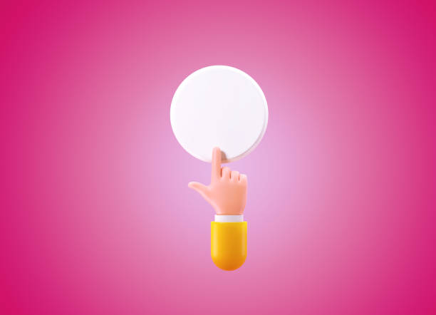 istock Cartoon Style Human Hand Clicking Over A White Push Button On Pink Background 1443020276