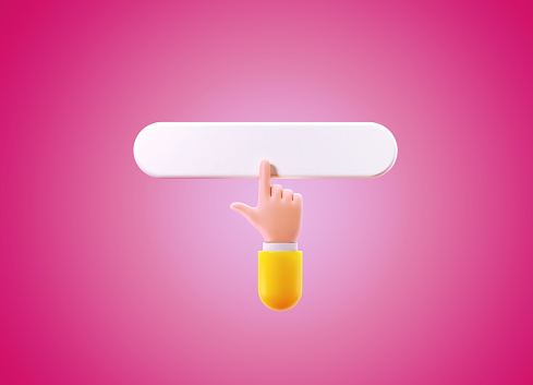 Cartoon style human hand clicking on a white button on pink background.  Horizontal composition with copy space.