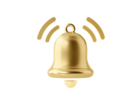 Gold colored notification bell on white background. Horizontal composition with copy space.