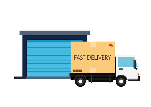 Warehouse building, Truck and Blue Warehouse on white background. Warehouse Equipment, cargo delivery, storage service. Flat style vector illustration. Fast Delivery.