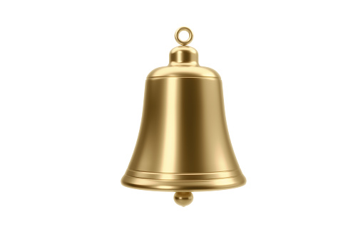 Gold colored ring bell isolated on white background. Horizontal composition with clipping path and copy space.