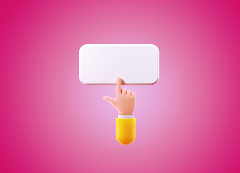 Cartoon style human hand clicking on a rectangular white button on pink background.  Horizontal composition with copy space.