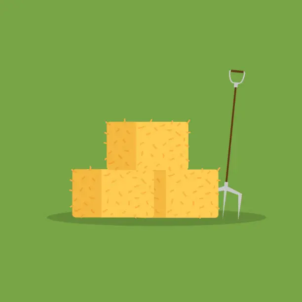 Vector illustration of pitchfork and hay bales