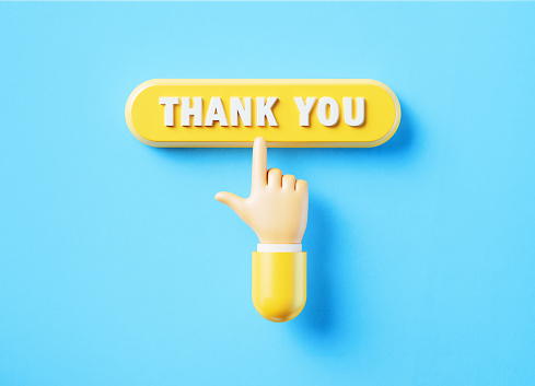 Cartoon style human hand clicking on a yellow computer button on blue background. Thank you word is written on push button. Horizontal composition with copy space.