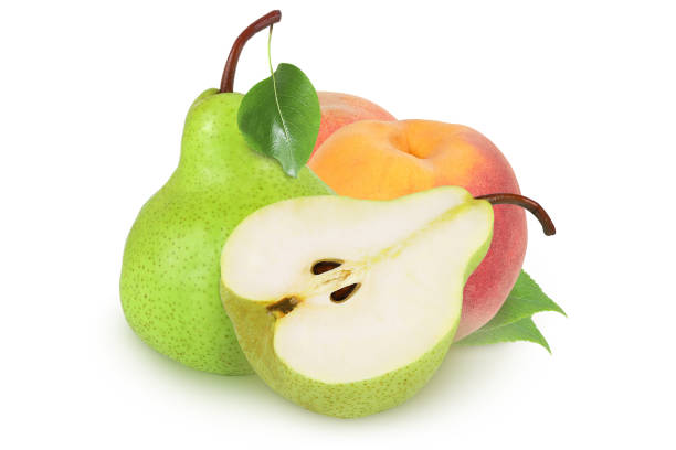 istock Pear and peaches on an isolated white background. 1443023494