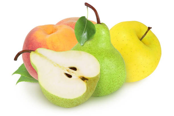 istock Pear, peach and apple on an isolated white background. 1443023496