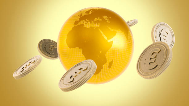 istock golden 3D Globe with gold euro coins, 1443024572