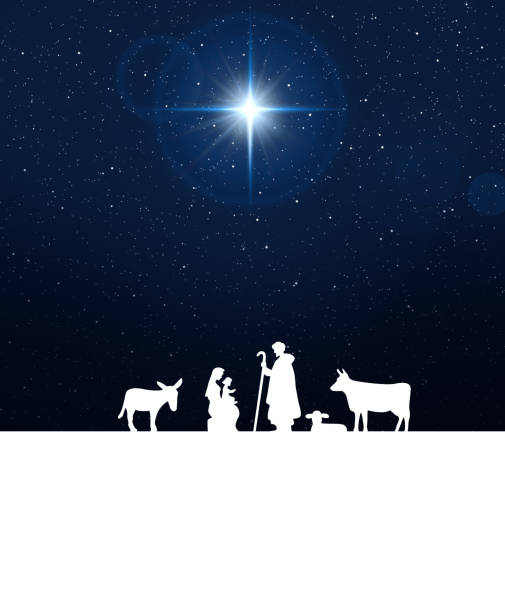 ilustraciones, imágenes clip art, dibujos animados e iconos de stock de estrella brillante, cielo estrellado y siluetas de la familia de jesucristo y animales. belén - joseph