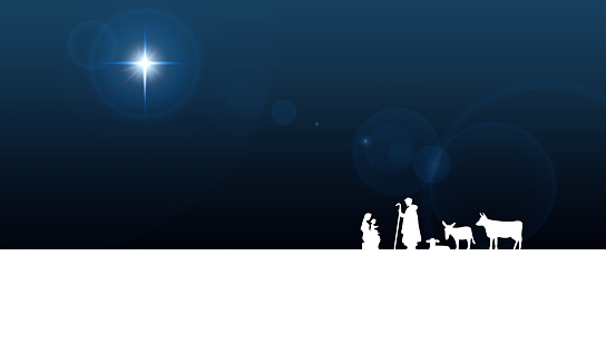 Star of Bethlehem, or Christmas Star. Silhouettes of Jesus Christ, Mary, Joseph and animals. Nativity scene