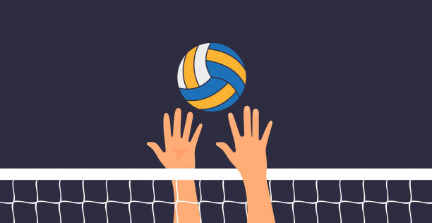istock Volleyball game. People hit their hands on the volleyball ball. Vector illustration flat design. isolated on white background. Sports holidays, lifestyle. 1443027080