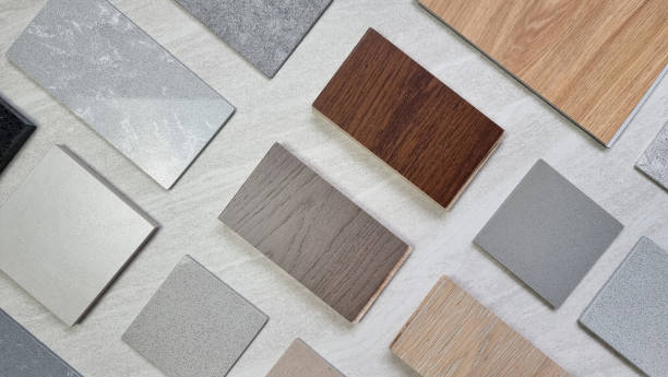 istock samples of material including wooden engineering flooring tiles, grainy quartz stones, concrete tiles, wooden vinyl flooring tile, marble artificial stone. interior design selected material for idea. 1443027436