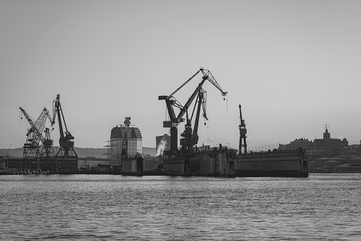 Gothenburg Harbor cranes in black and white