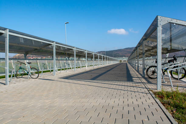 Large modern bicycle parking outside of the industrial area. stock photo
