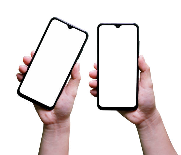 istock Smartphone mockup Man hand holding the black smartphone blank screen with modern frameless design 1443029113