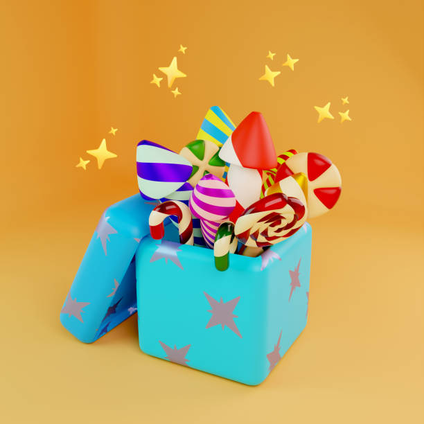 istock Christmas box with fireworks 3D illustration 1443029185