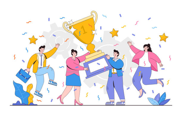 istock Successful business team concept. Happy business people holding prize winner cup and celebrating achievement. Modern flat style illustration for teamwork and award concept 1443029214
