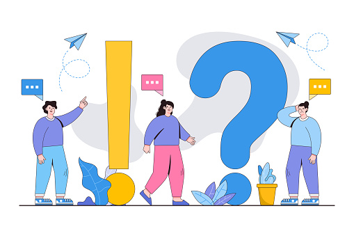 Frequently asked questions concept. Young woman and man with question and answer. People characters standing near exclamations and questions marks. Modern vector illustration in flat style.