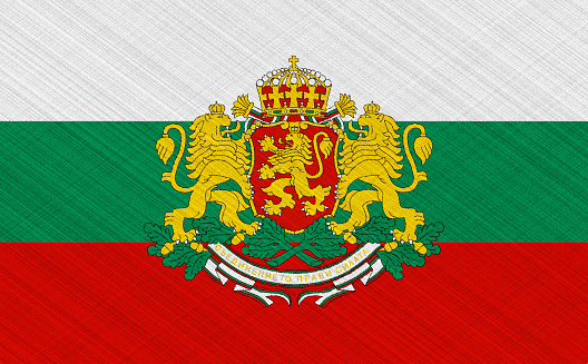 Flag and coat of arms of Bulgaria on a textured background. Concept collage.