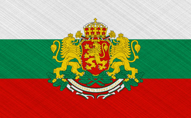 Flag and coat of arms of Bulgaria on a textured background. Concept collage. stock photo