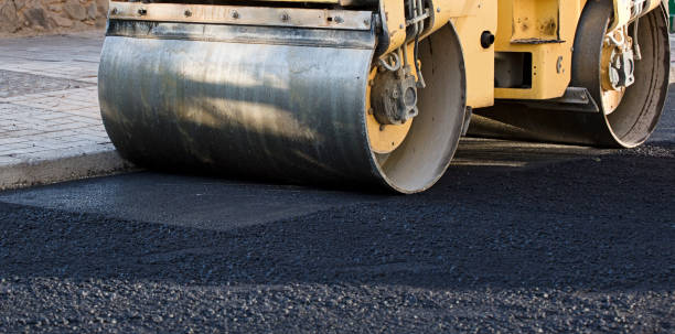 istock Road roller and asphalt paving machine at construction site 1443030946