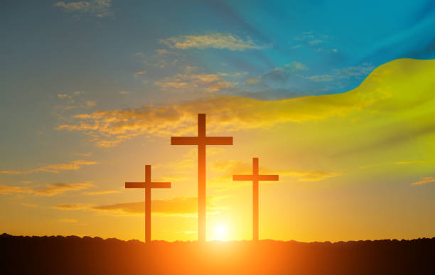istock Ukrainian flag . Cross on sky background. 1443032567