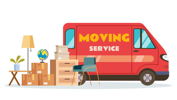 ilustrações de stock, clip art, desenhos animados e ícones de delivery house truck service van furniture cargo concept. vector graphic design illustration element - mover