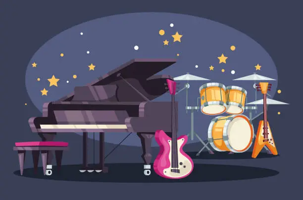 Vector illustration of Piano drum microphone guitar musical instruments on stage concept. Vector graphic design illustration element