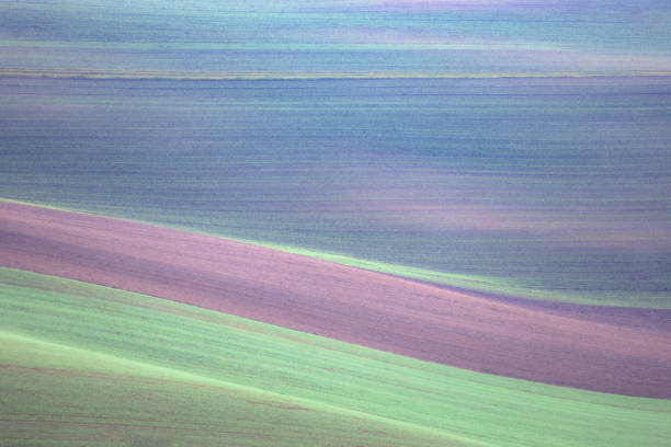 Abstract detail of layers of colourful bands of soil in the agriculture farmland of South Moravia in the Czech Republic.